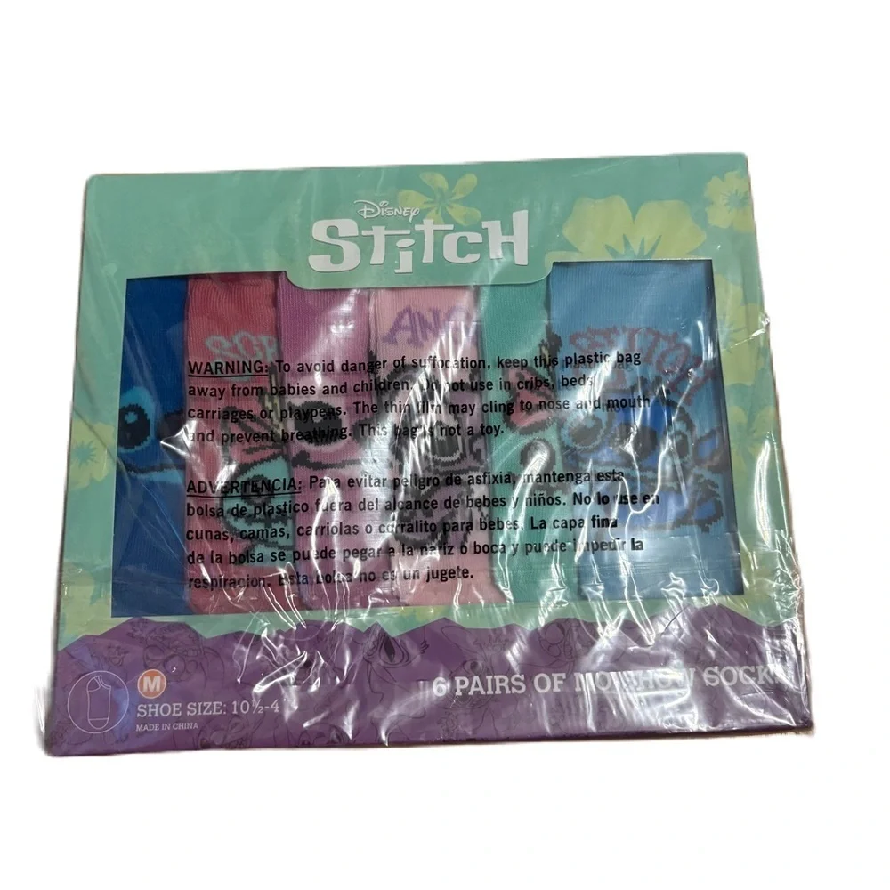Disney Stitch Kids Socks Set NEW 6 Pairs Angel Sz 10 1/2-4 Pink Blue